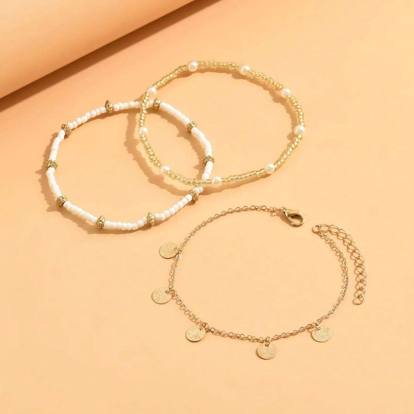 Qceasiy Shell Ankle Bracelet Set for Women, Gold Plated Boho Bead Adjustable Anklet, Hawaiian Beach Seashell Pearl Heart Starfish Conch Foot Jewelry Gifts (Disc 3Pcs)