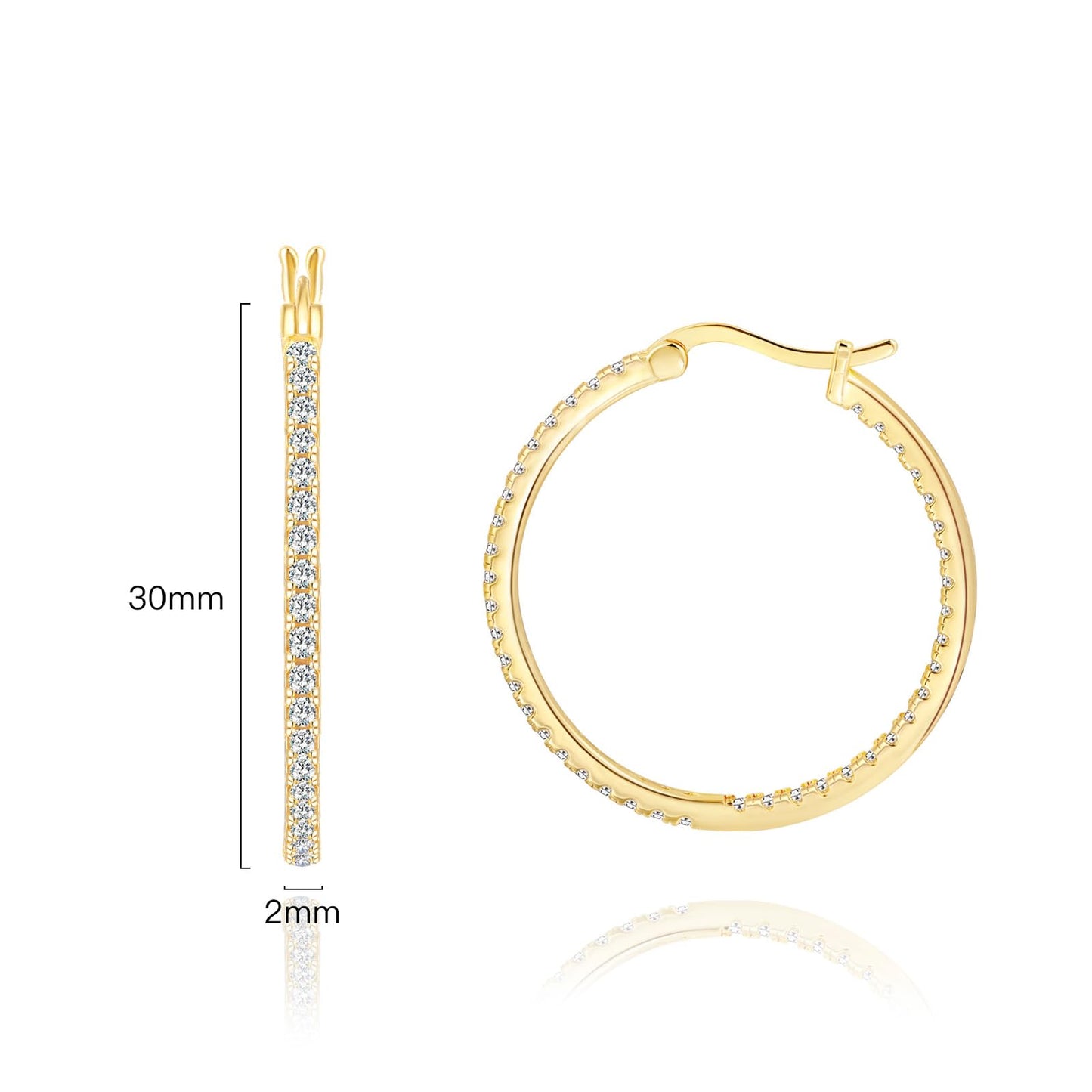 Suiune 14K Yellow Gold Hoop Earrings for Women, Hypoallergenic Dual-Sided Cubic Zirconia Hinged Hoops Jewelry for Woman, 2mm x 30mm