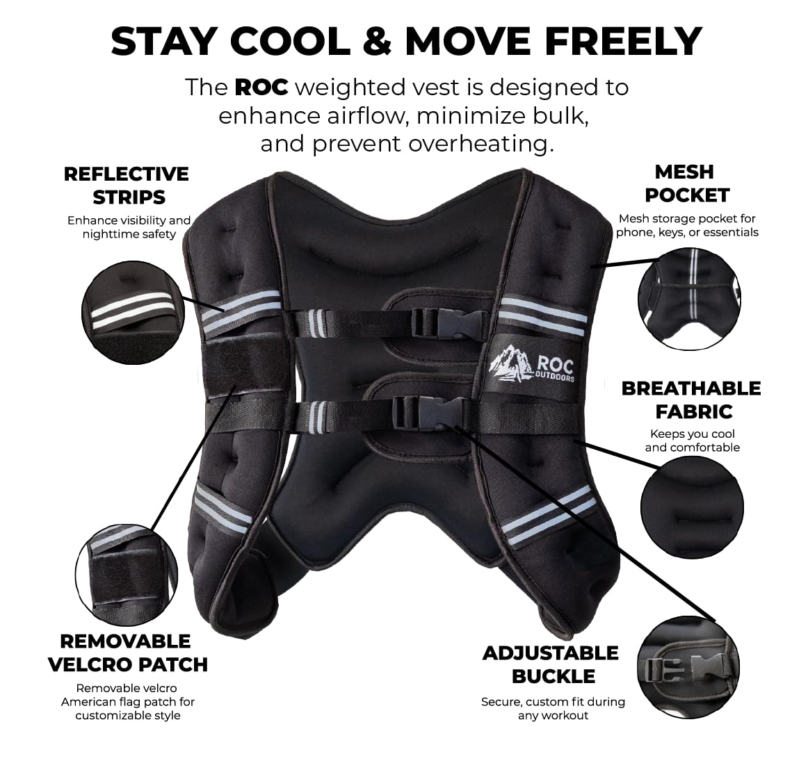 Roc Outdoors Weighted Vest for Woman and Men, 5lb/10lb/15lb/20lb/30lb Weight Vest with Reflective Stripe for Workout, Strength Training, Running, Walking, Fitness, Weight Training, Weight Loss, Weightlifting (Black, 10lb)