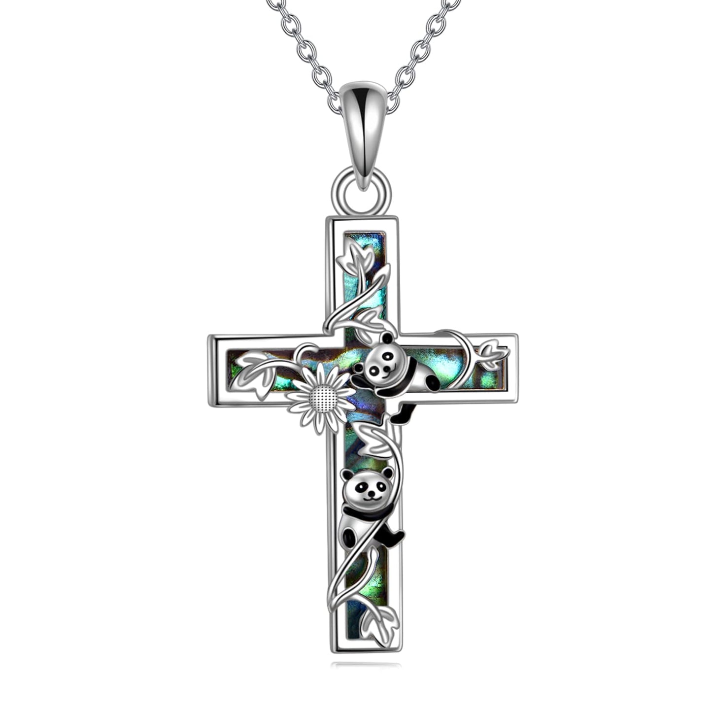 YFN Sunflower Cross Necklace Sterling Silver Panda Cross Pendant Abalone Shell Jewelry Religious Christian Baptism Gifts for Her Women
