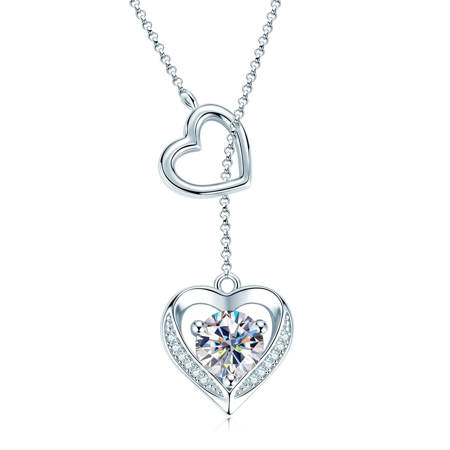 Moissanite Lariat Necklace for Women Heart Slip Y Shape 16-20 Inches Adjustable Long Chain Necklace 925 Sterling Silver Love Pendant Jewelry Gifts for Wife, Girlfriend, Mom, Birthday, Anniversary Present