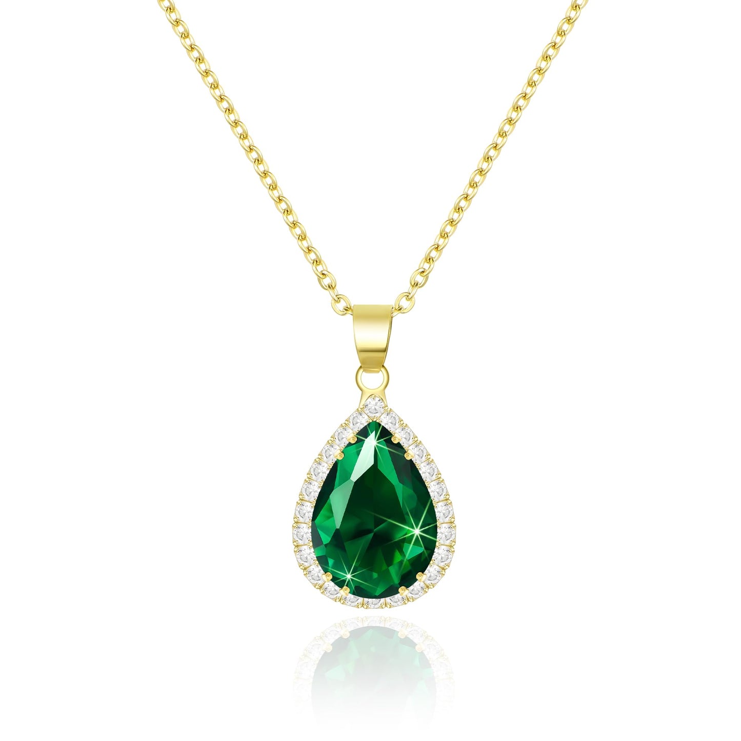Linawe Emerald Crystal Chain Necklace for Women Trendy, Green Imitation Diamond Pendant, Cubic Zirconia Birthstone Rhinestone Teardrop, Preppy Dainty Boho Jewelry