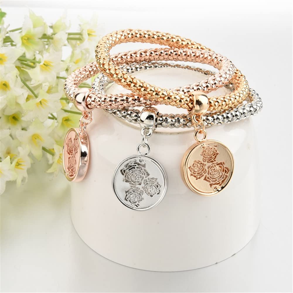 SILANER Crystal Charms Multilayer Bracelets - 3PCS Gold/Silver/Rose Gold Corn Chain Bracelet for Women, Tree of Life Heart Shaped Stretch Bracelet