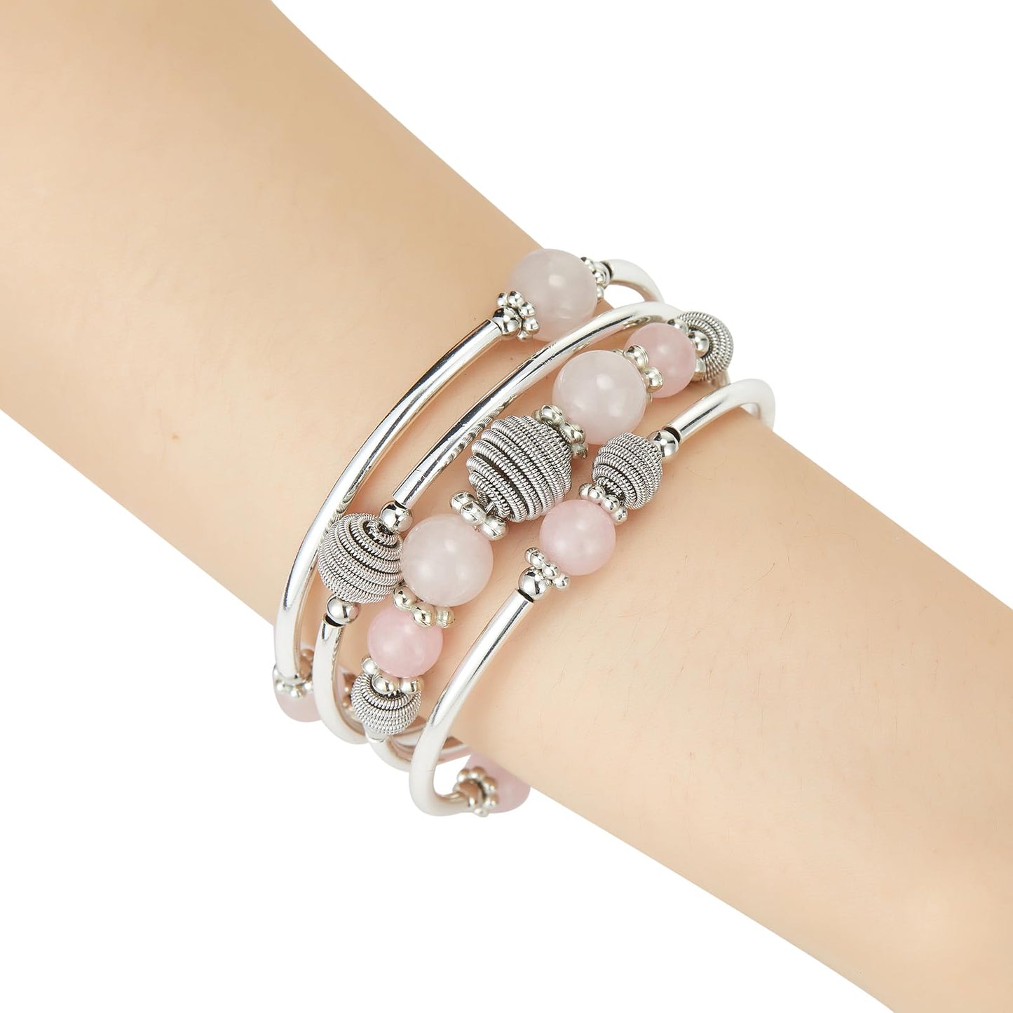 PEARL&CLUB Beaded Chakra Bangle Turquoise Bracelet - Fashion Jewelry Wrap Bracelet with Thick Silver Metal and Mala Beads, Birthday Gifts For Women(Pink crystal)