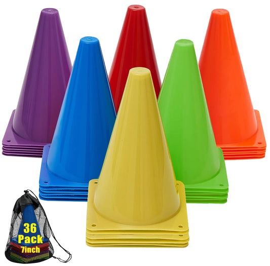 Qtheaes 7" Soccer Cones for Training, 36 Pack Sports Agility Field Plastic Small Cones for Kids Skating Basketball Football Practice Drills, 6 Colors