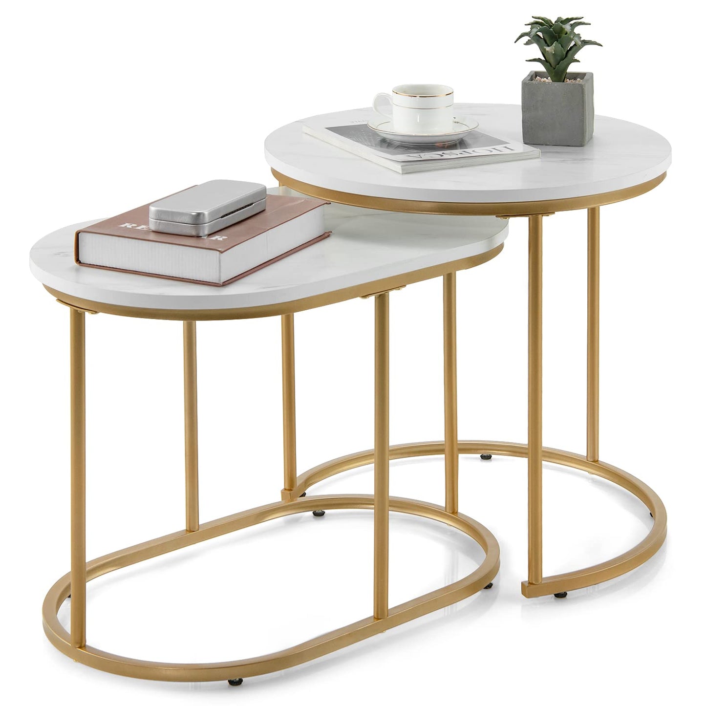 Giantex Modern Nesting Coffee Table Set of 2, Coffee Table & End Table Sets, Golden Steel Frame, Easy Assembly, Accent Marble-Look Stacking Side Table for Living Room Bedroom Apartment (Gold)