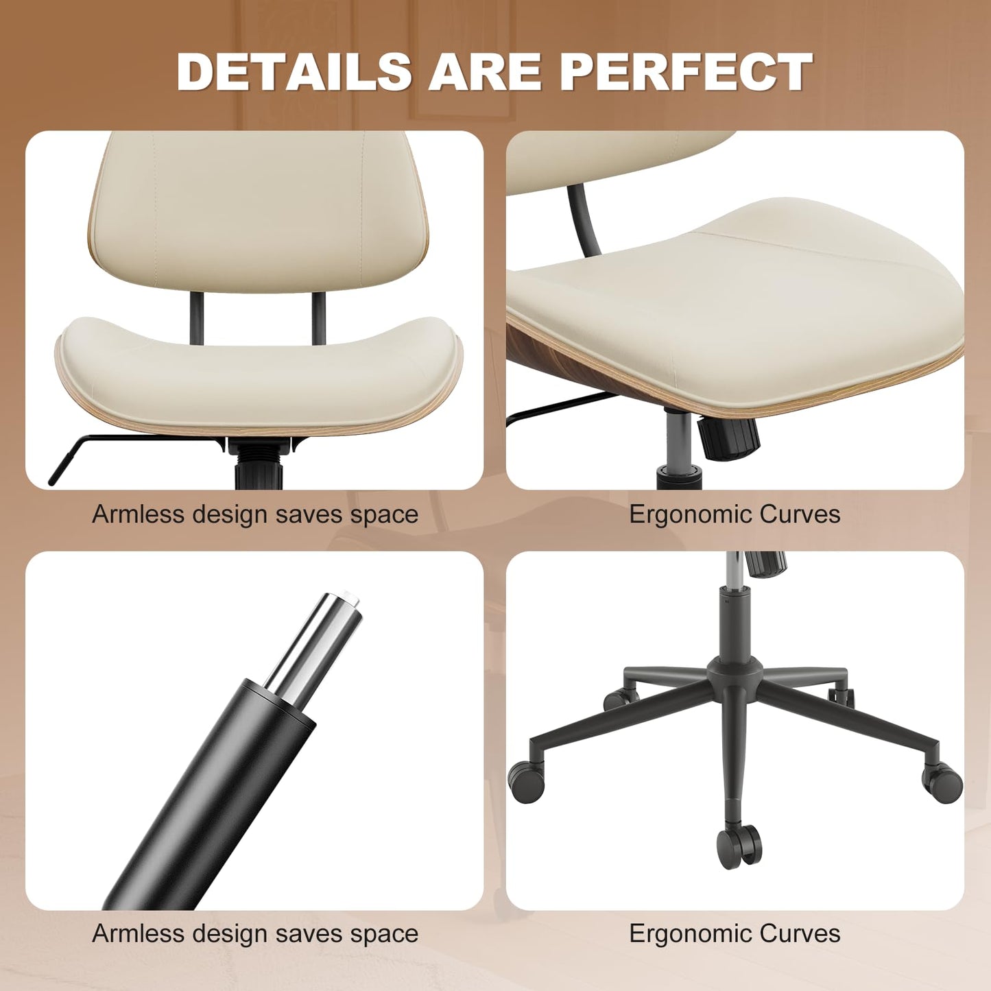 BERYTH Armless Office Chair with Wheels, PU Leather Adjustable Height Desk Chair - 360° Swivel Ergonomic Computer Chair for Small Space, Modern Walnut Style, Home & Meeting Room, Beige
