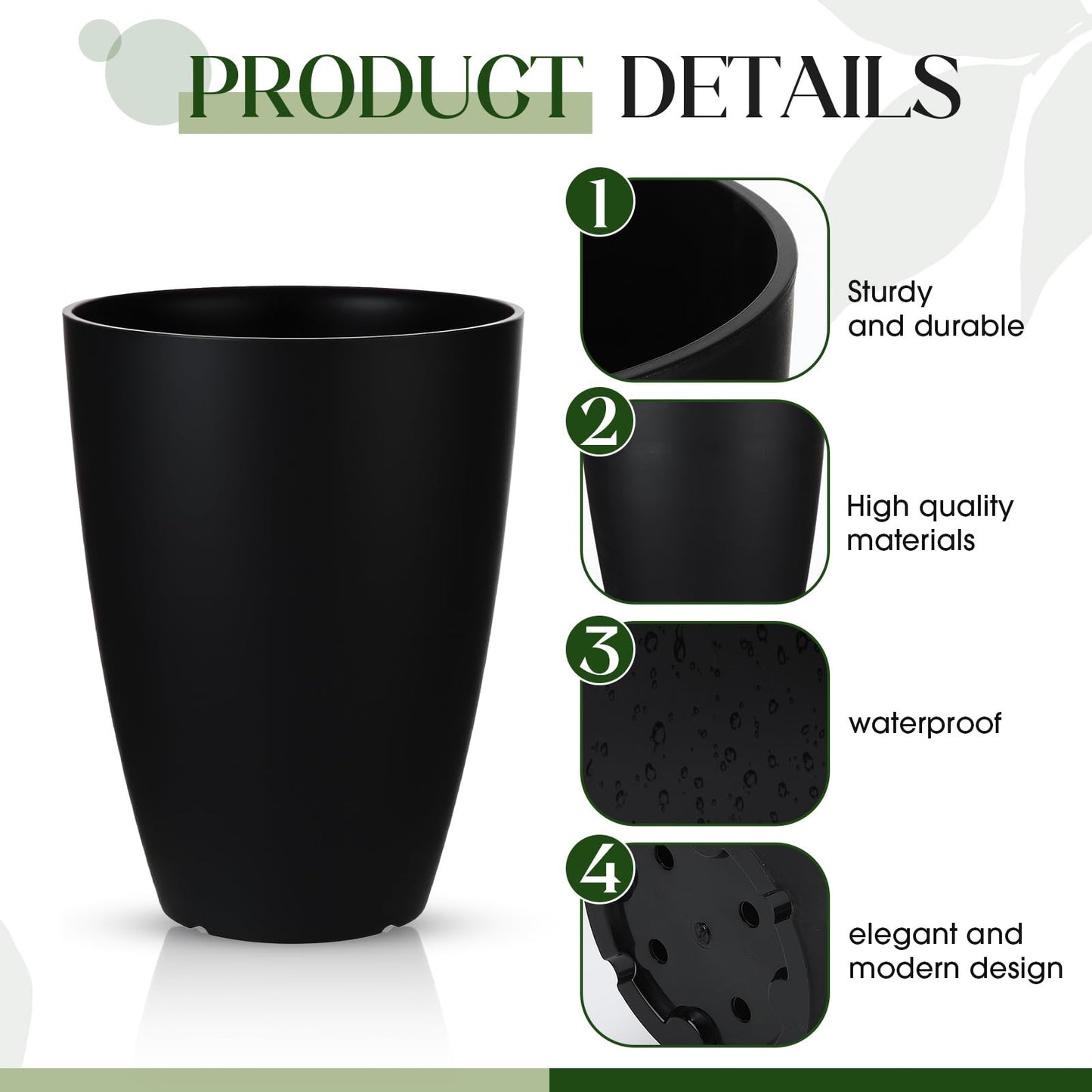RimCereal 2 Pack 14 Inch Tall Planters for Outdoor Indoor Plants, Black Round Resin Plant Flower Pots with Drainage Hole for Front Porch Patio Garden Deck Living Room Decor
