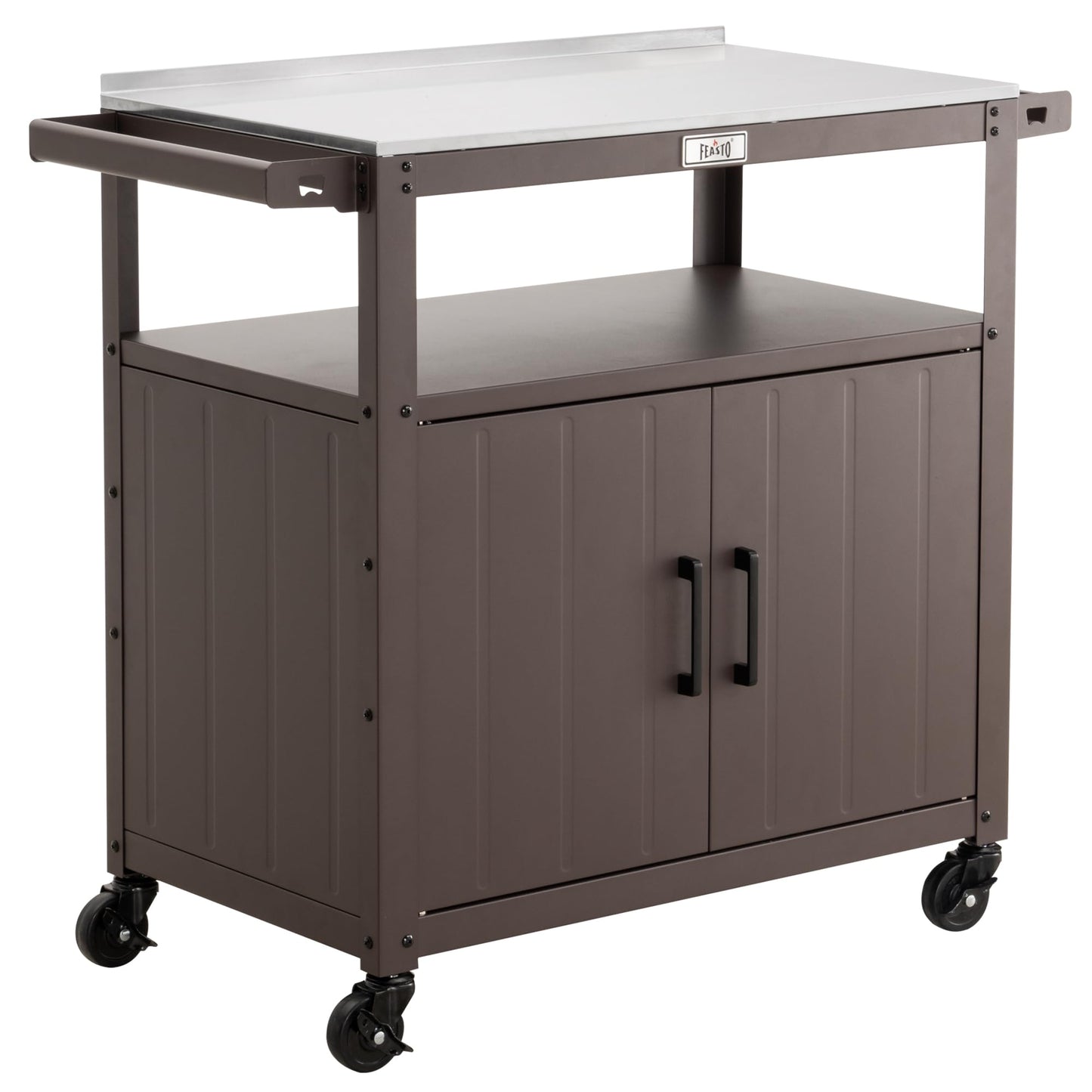 Outdoor Grill Cart with Stainless Steel Tabletop and Storage Cabinet, Movable Kitchen Island with Wheels for BBQ Food Prep, Brown