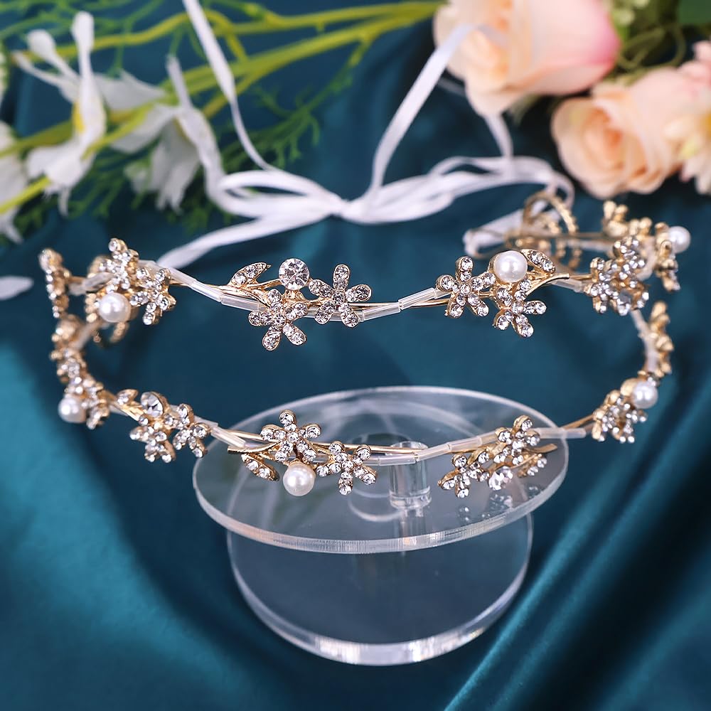 Efficewery Boho Floral Crown for Women– Adjustable Faux Silk Flower Headband, Handmade Wedding Hair Accessory for Festivals & Photoshoots, Flower Hair Crown for Women (Gold Flower Pearl, Adjustable)