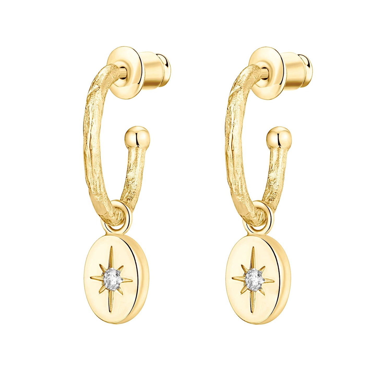 PAVOI 14K Yellow Gold Plated 925 Sterling Silver Post Celestial Dangle Huggie Hoop Earrings For Women - Trendy Starbusrst Drop Open Hoop Earrings - Cubic Zirconia Small Hinged Hammered Huggies