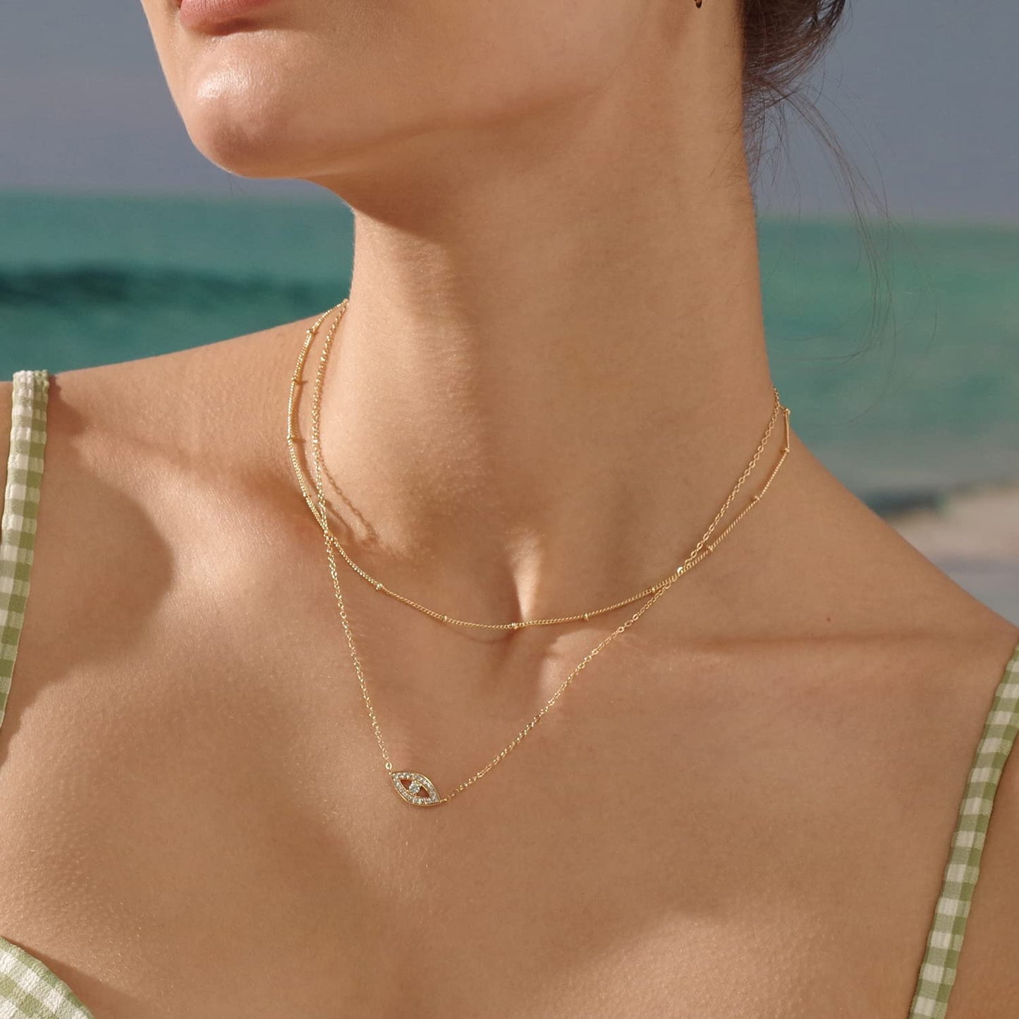 MEVECCO Gold Dainty Layered Evil Eye Necklace,18K Gold Plated Cute Delicate Tiny White Cubic Zirconia Solitire Bead Chain Necklace,Layer Minimalist Necklace for Women