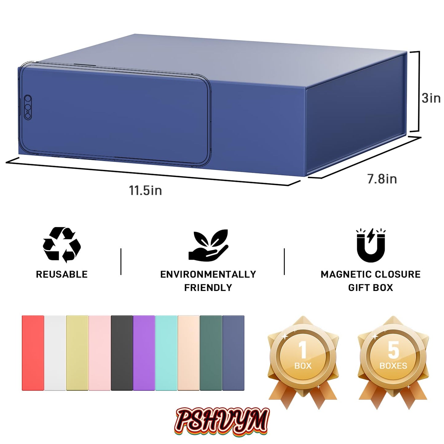 PSHVYM Gift Boxes with Lids, 11.5x7.8x3 In Gentleman Blue Gift Box for Presents Magnetic Closure for T-Shirts, Gloves, Scarves, Books, Baby Clothes, Clothing Gift Wrap, Contains Card, Ribbon (5PACK)