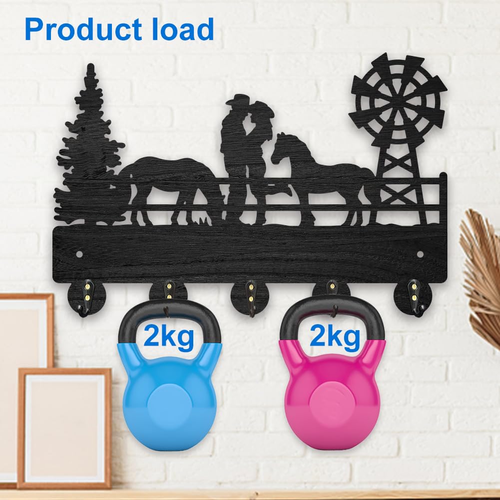 MAYJOYDIY Wood Cowboy Horse Farm Coat Hooks Farmhouse Cowgirl Windmill Key Holder 11.87.9inch Wall Art Decor Gift Black Wall Key Rack Organizer 5 Alloy Hooks for Bedroom Kitchen Entryway
