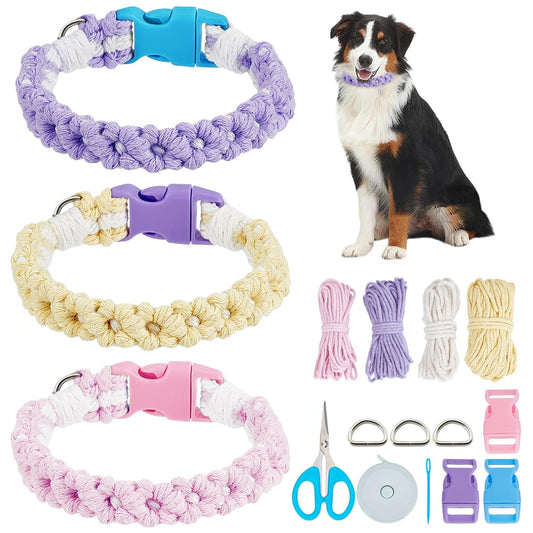WEBEEDY 3 Sets DIY Macrame Dog Collar Kit for Adults Beginners Macrame Daisy Pet Collar Knotting Set with 4 Colors 60m Cotton Cord and Instruction Adjustable Handmade Pet Necklace for Birthday