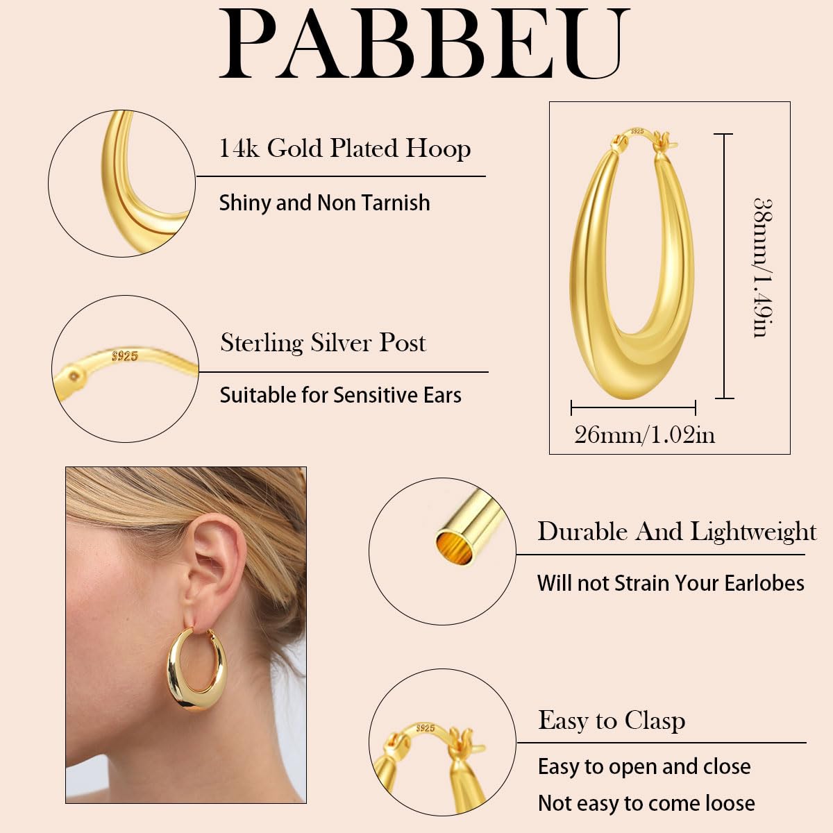 PABBEU Chunky Gold Hoop Earrings for Women, Lightweight 14k Golden Plated Hoops Earrings, Hypoallergenic 925 Oval Golds Hoops Earrings, Thick Gold Hoop Earrings for Women Gifts (38mm)