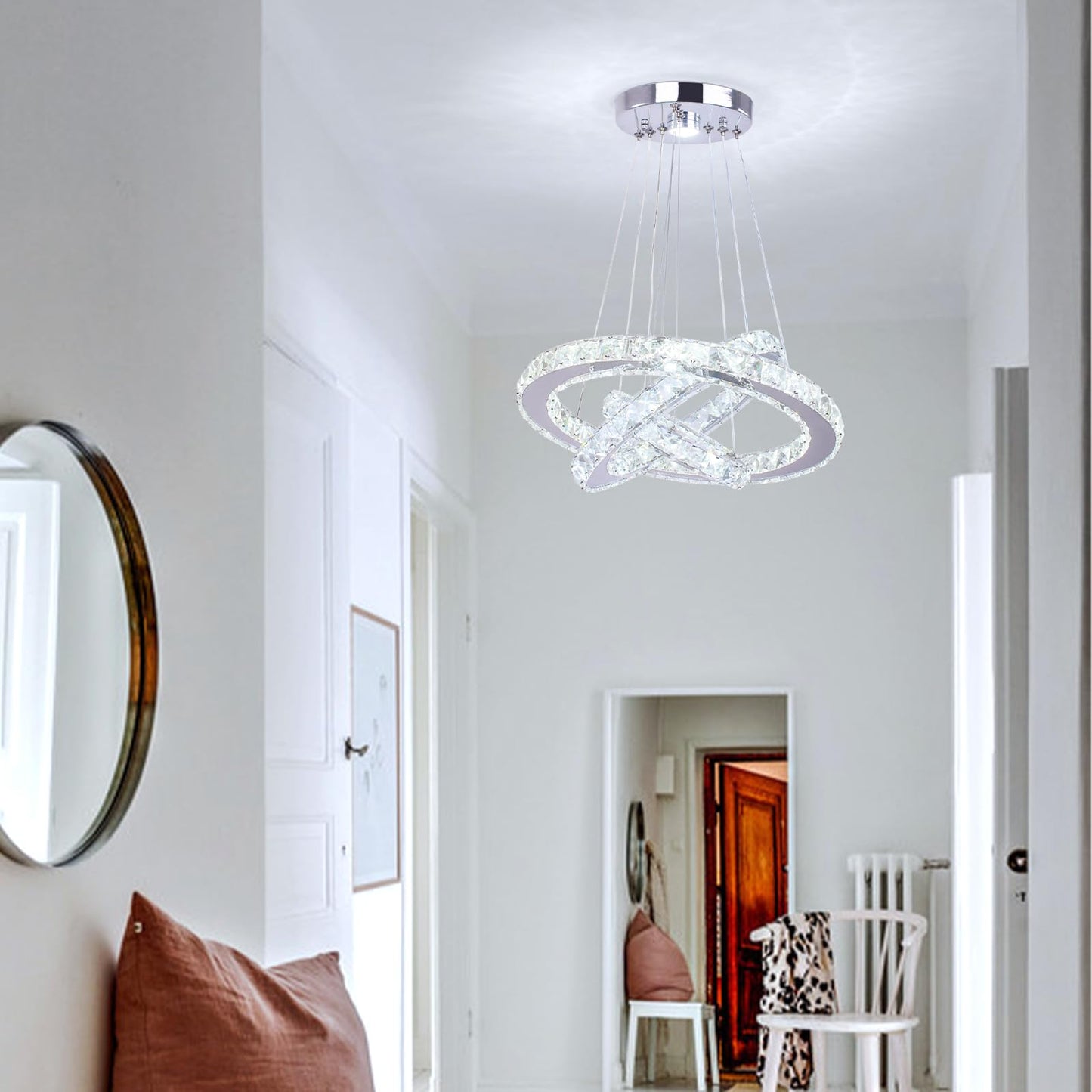 xychfantligh Modern 3 Ring Round Crystal Chandelier Adjustable Stainless Steel Pendant Lighting LED Crystal Ceiling Light Fixture for Living Room Dining Room Bedroom Cool White