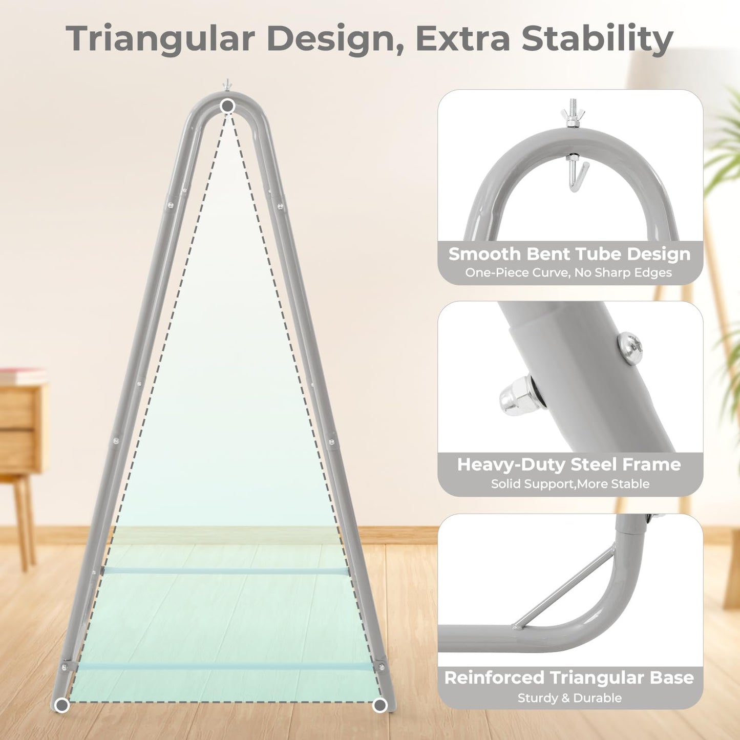 SELFLA U-Shaped Hammock Chair with Stand, Heavy-Duty Steel Hanging Chair with Stand for Indoor & Outdoor Use, Solid Support & Stable Base, 220 lbs Capacity, Easy Assembly - Grey
