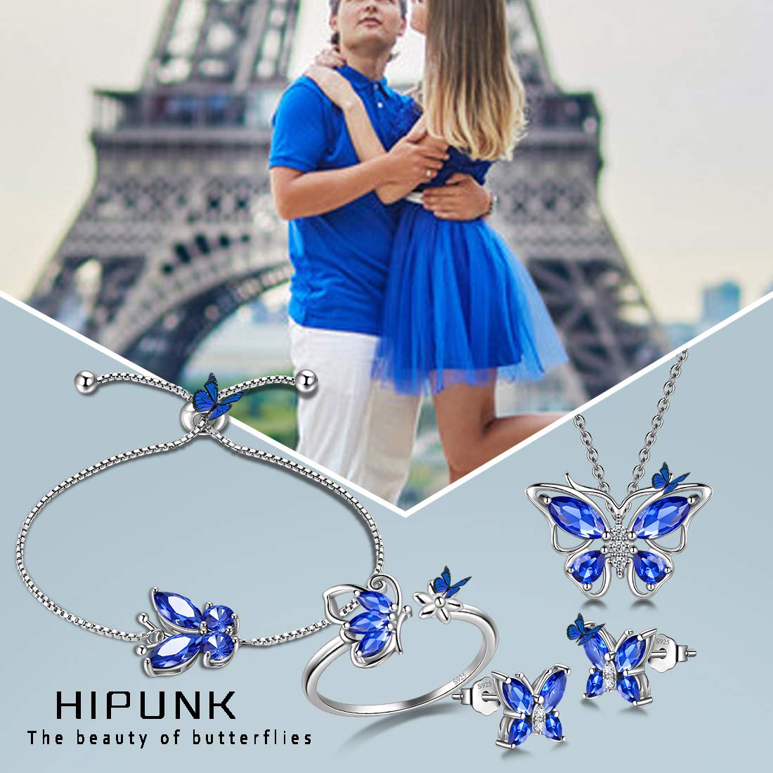 Hipunk Butterfly Blue Jewelry Sets Birthstone Women 925 Sterling Silver September-Sapphire Birth Stone Animal Butterflies Jewelry Sets/Earring/Ring/Bracelet Set Crystal Birthday Jewelry SS0003S