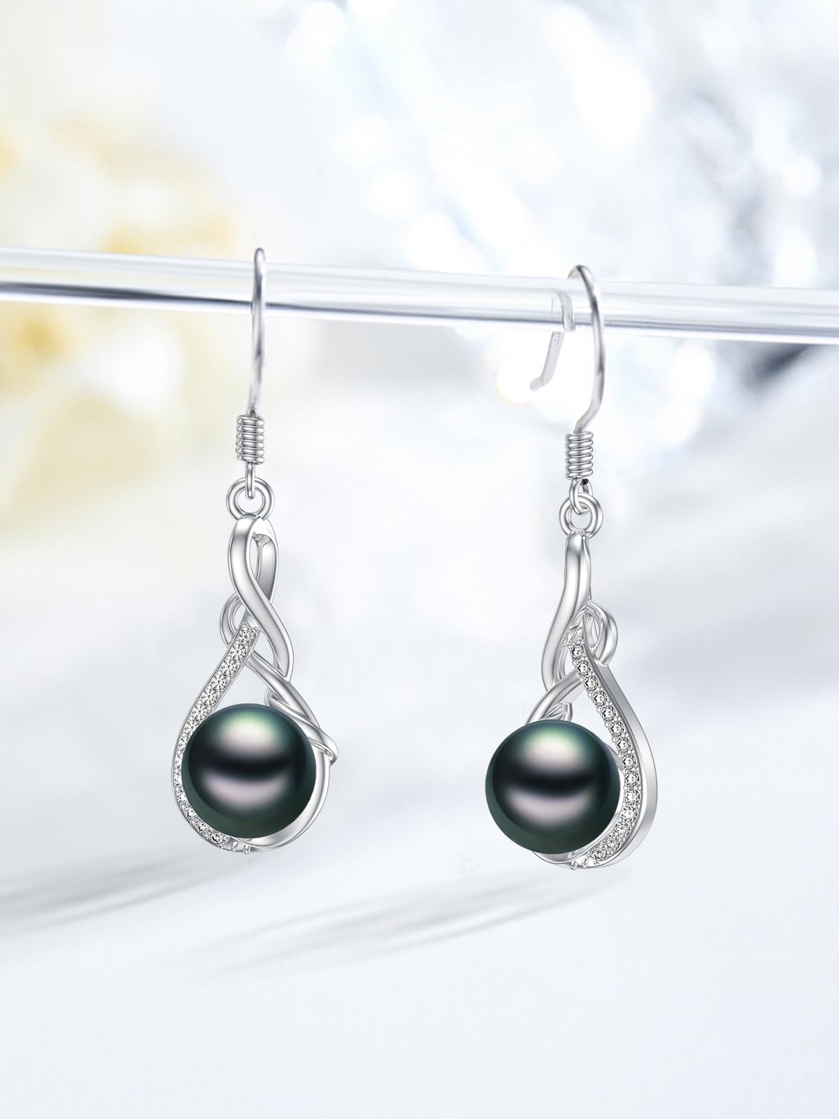 KANNSOAR 925 Sterling Silver 7MM Tahitian Black Pearl Dangle Drop Earrings, 18K White Gold Plated, Everyday Infinity Earrings for Women Hypoallergenic Jewelry Gift for Anniversary Birthday Christmas
