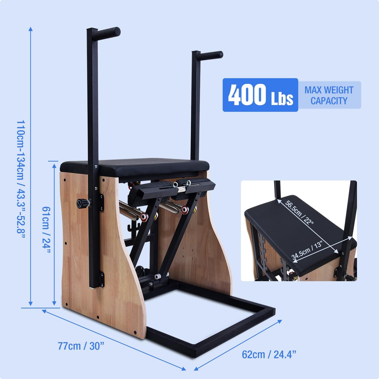 Pilates Chair Wunda Chair Pilates Combo Chair with Handles Split Pedals Reformer Machine 4-Level Resistance for Yoga Core Training Rehabilitation Includes Non-Slip Socks