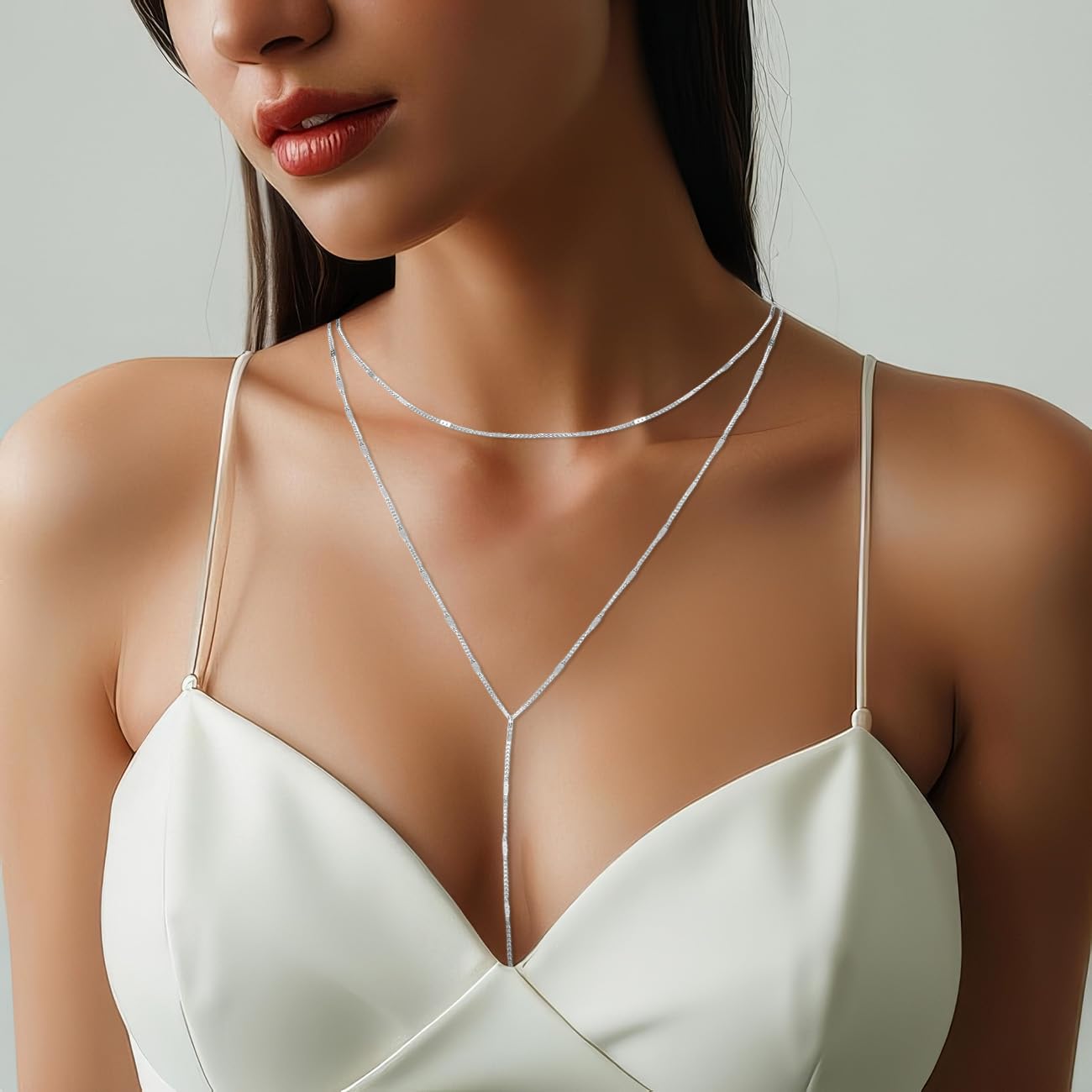 Yowivon Silver Necklace for Women, Dainty Long Necklace Silver Plated Y-Shaped Layered Pendant Beaded Chain Drop Necklaces Trendy Simple Gold Jewelry for Women Set Gifts