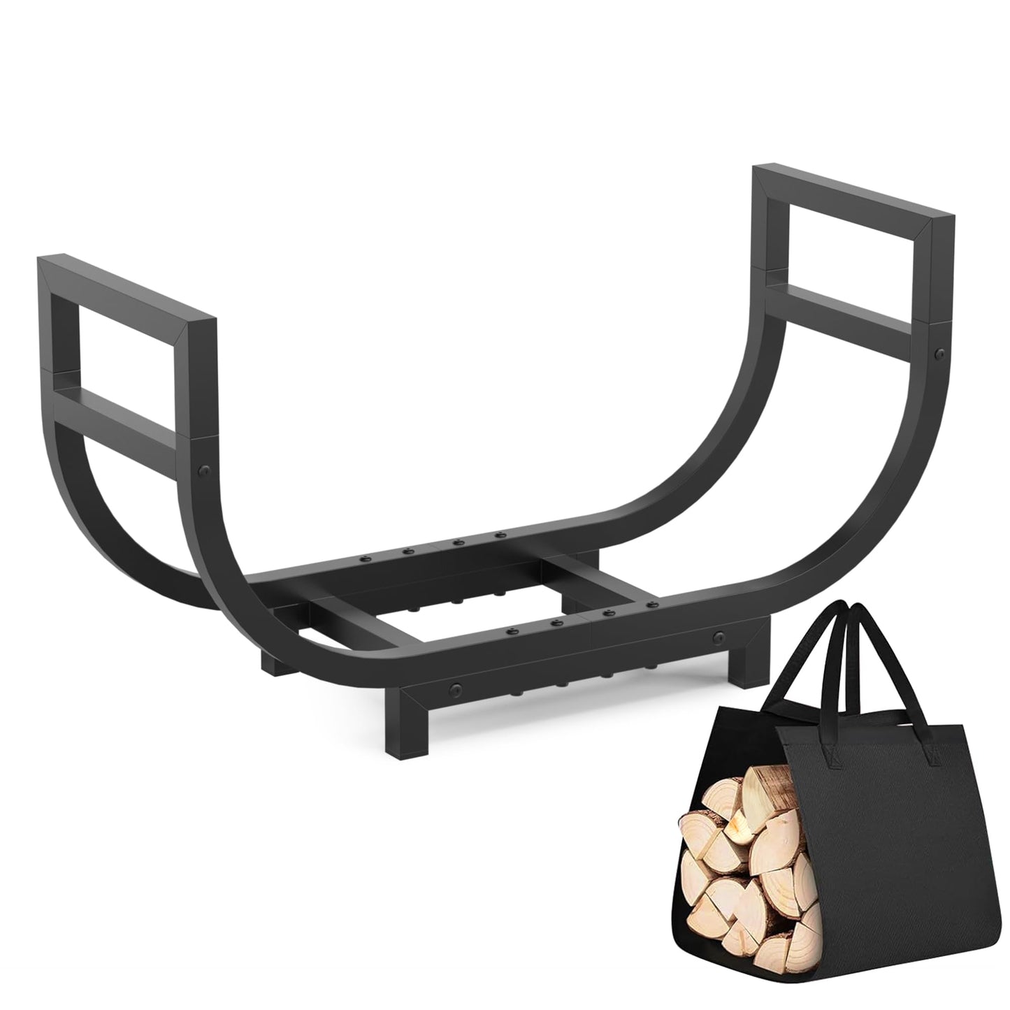 HXJLJY 30-inch Firewood Rack Outdoor Indoor with Log Carrier Bag, Stable Log Holder Rustproof Metal Wood Rack for Fireplace Patio Deck Firepit, Heavy Duty Firewood Storage Organizer Tool, Black