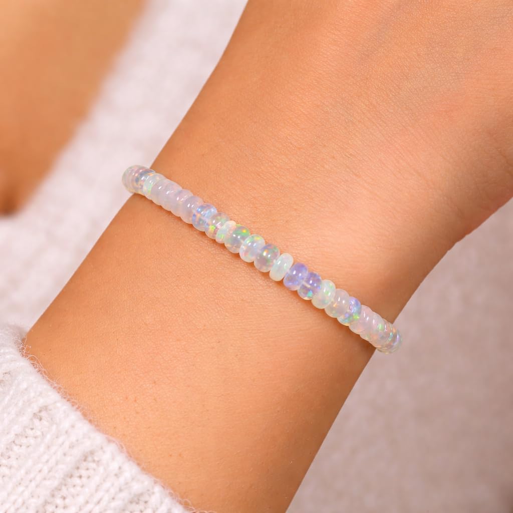 GEMS OF BAY Natural Ethiopian Opal Bracelet, Stretchable Bracelet, Welo Fire, Smooth Bracelet, Jewelry, Beads Bracelet, (7 inch)