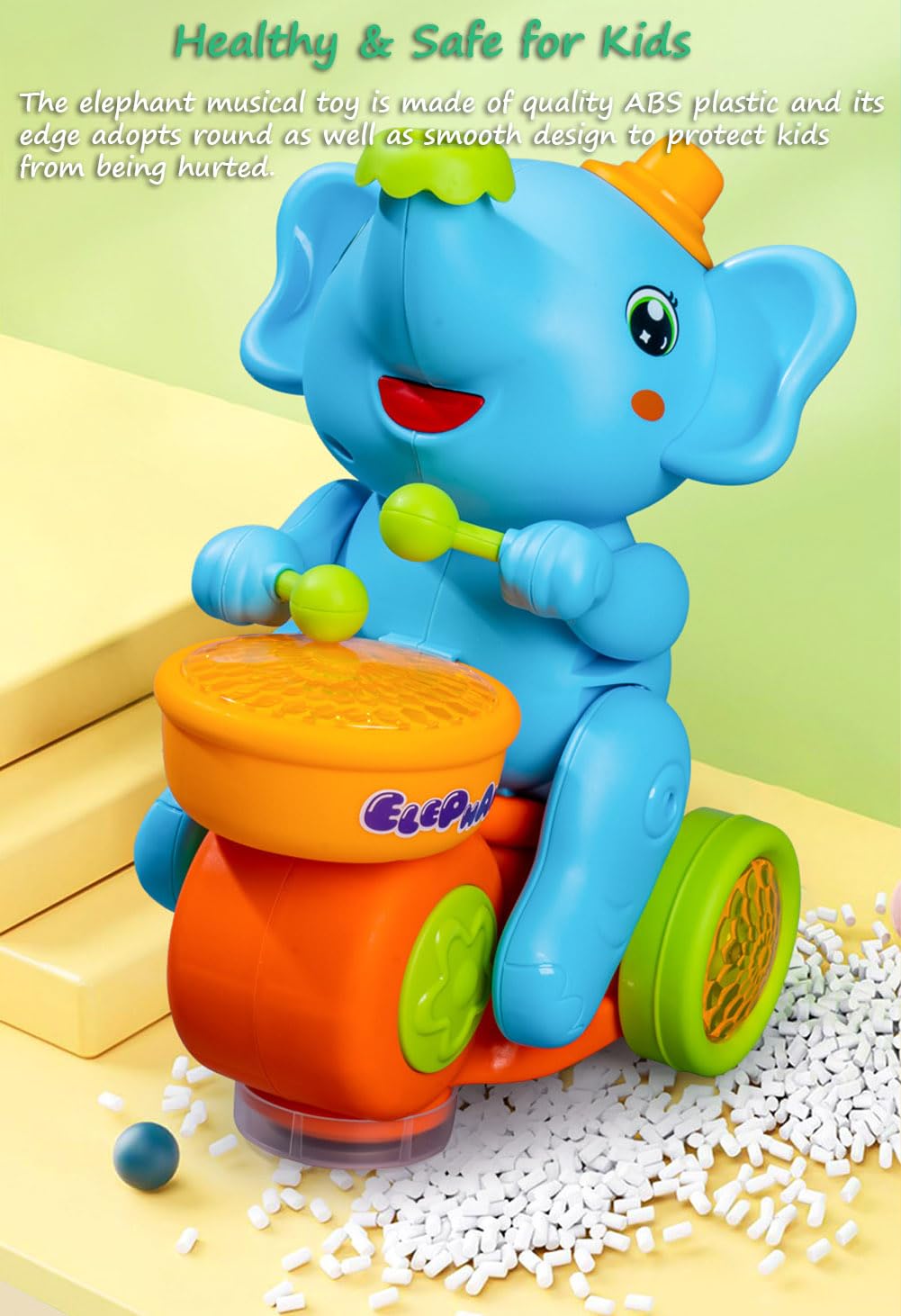 Miracland Drumming Elephant Car Toy, Multifunctional Musical Toy with Blow Floating Ball and Tricycle, Lights and Music, 2 Foam Balls (Blue)