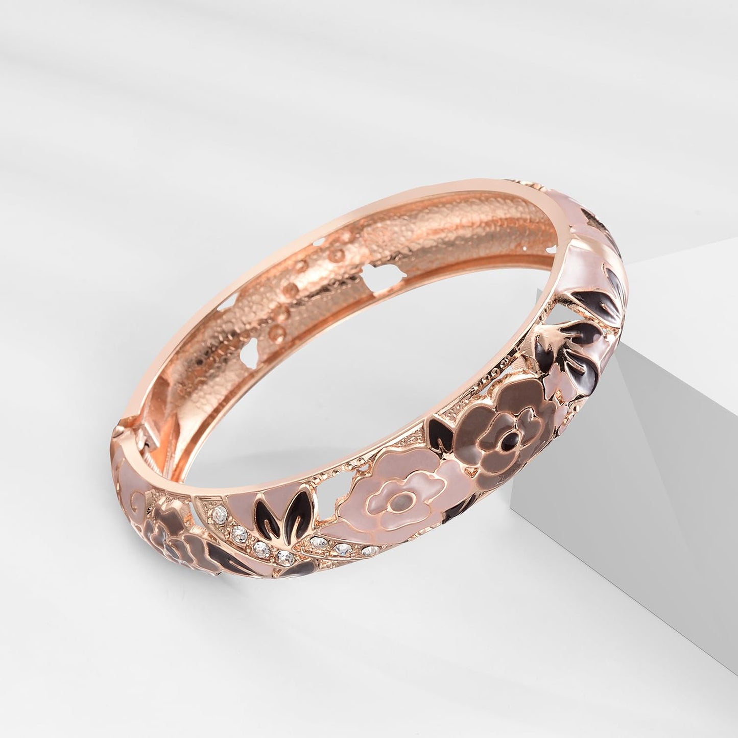 UJOY Enamel Bracelets Pack of 5 Colorful Cloisonne Rose Gold Flower Engraved Bangles for Women Jewelry Gift Pack in a Box 5PCS-88A Brown