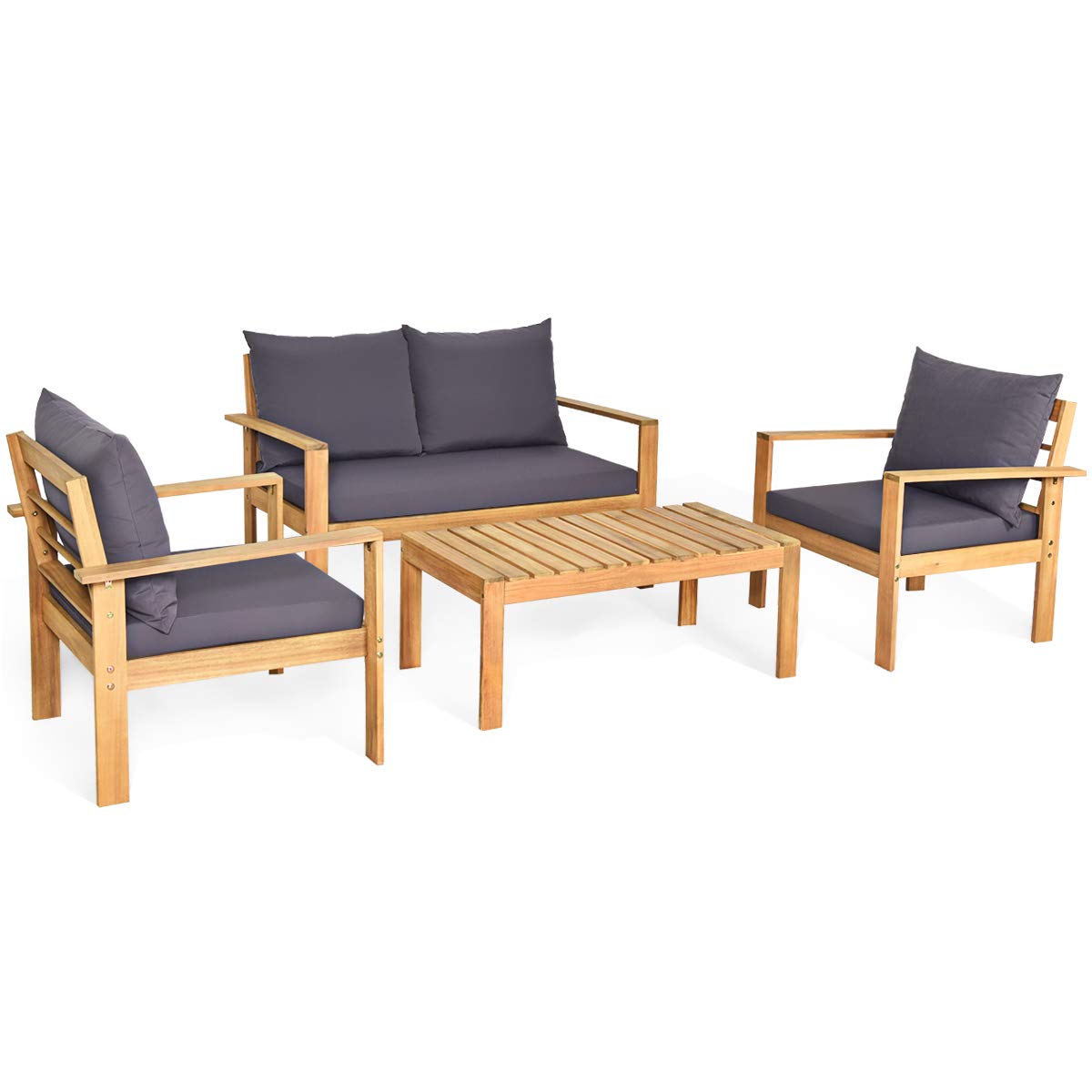 Tangkula Outdoor 4-Piece Acacia Wood Chat Set, 4 Seater Acacia Wood Conversation Sofa and Table Set with Waterproof Furniture Cover, Teak Finished (1, Grey)