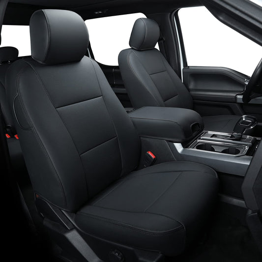 Covertopia F150 Faux Leather Seat Covers, Custom fit 2015-2024 2025 Ford F150 SuperCrew, and 2017-2024 2025 F250 F350 F450 Super Duty Crew Cab(Full Set, Black)