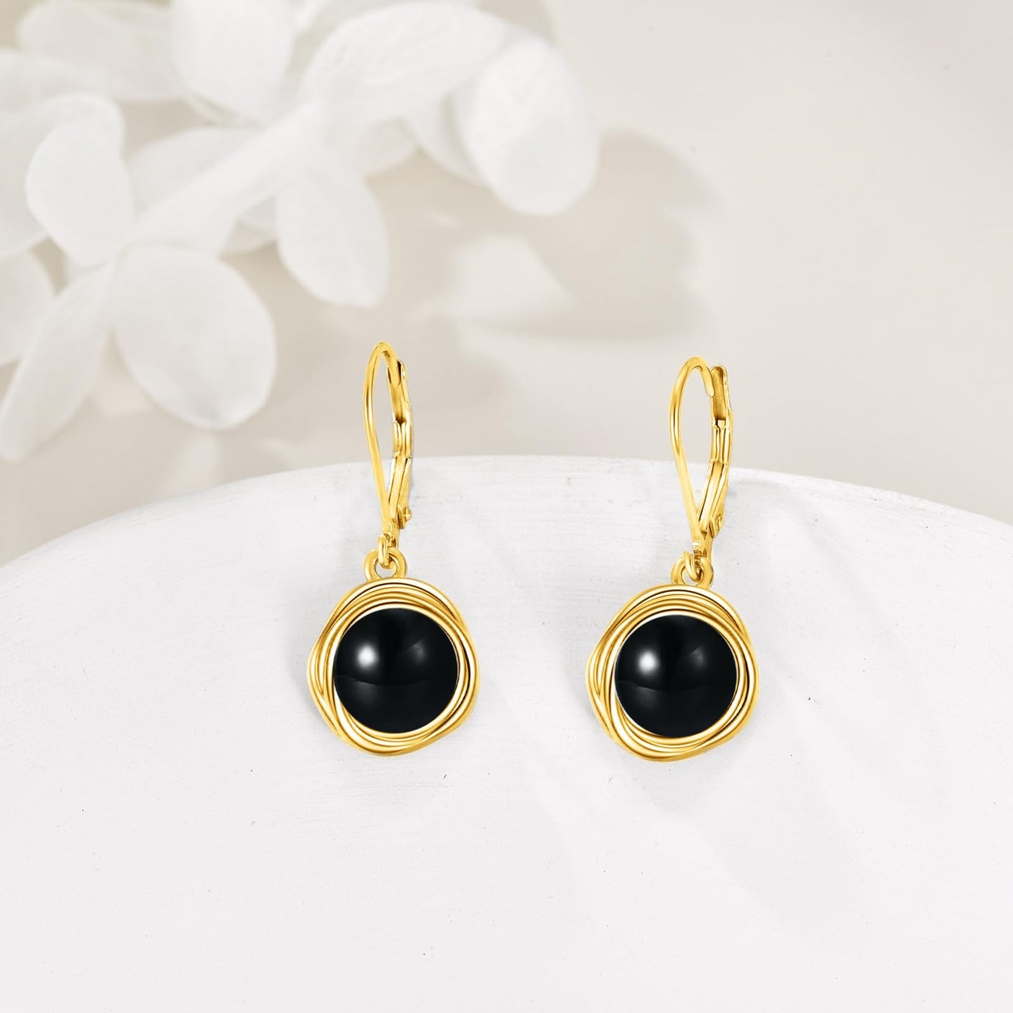 POPLYKE Black Onyx Dangle Earrings 18K Gold Plated 925 Sterling Silver Black Onyx Jewelry Gifts Birthday Gemstone Leverback Earrings for Women Hypoallergenic