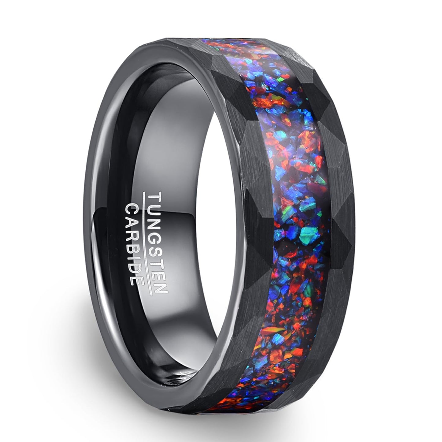 NUNCAD Black Tungsten Rings for Men Women Engagement Wedding Bands Hammered Inlay Galaxy Opal Matte Finish 8mm Comfort Fit Sizes 12