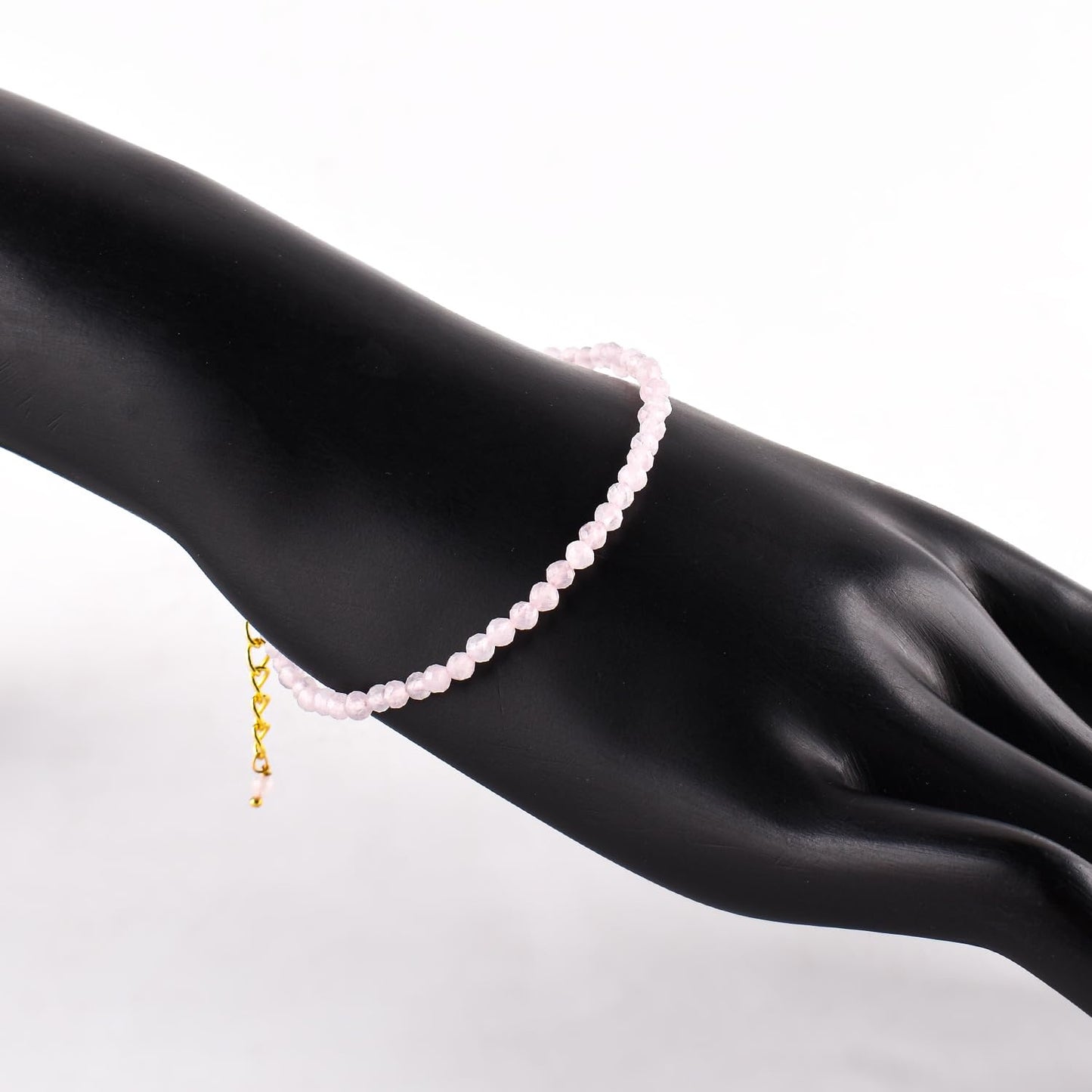 Natural Pink Rose Quartz Gemstone Micro Beads Dainty Bracelet Jewelry for Women, Birthstone, Chakra Energy Crystals, 14k Gold Plated Chain 8 inch Adjustable