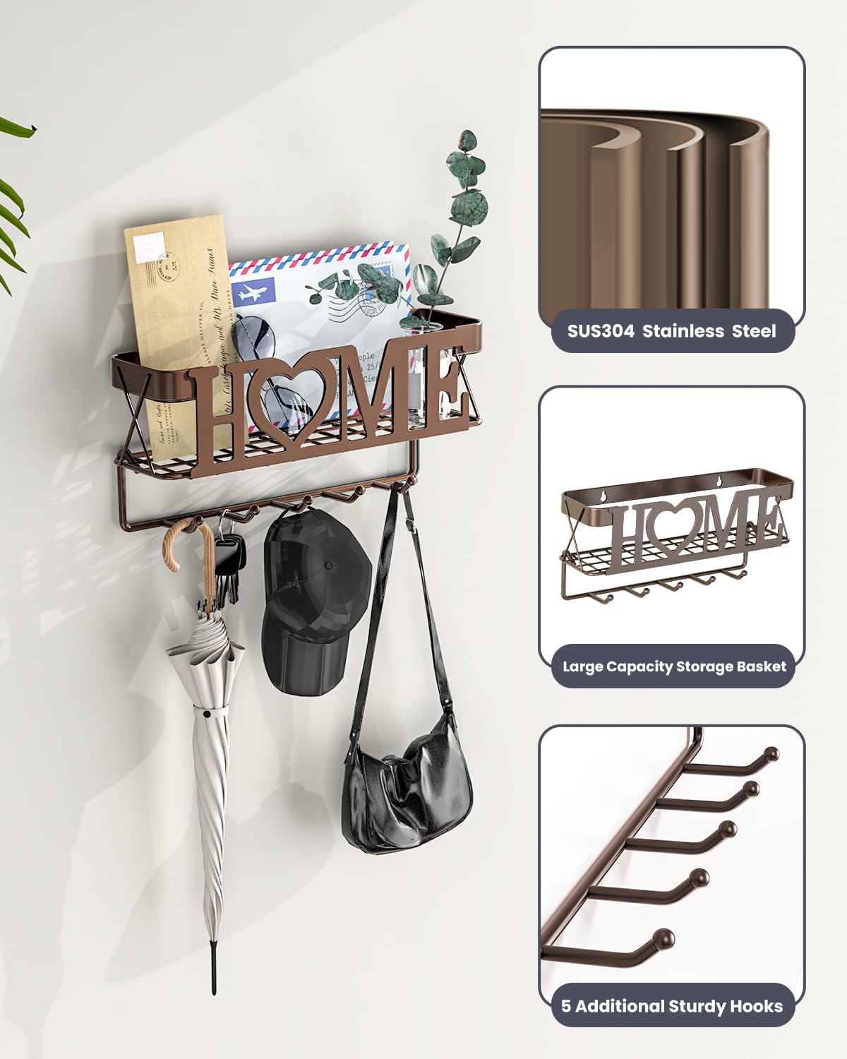 OHOBABY Key Holder Wall Mount - Adhesive Key Holder with 5 Hooks, Key Rack and Mail Organizer, Metal Basket Key Hanger for Entryway, Home, Living Room Decor, 11" L×2.8" W×4.9''H(Bronze)