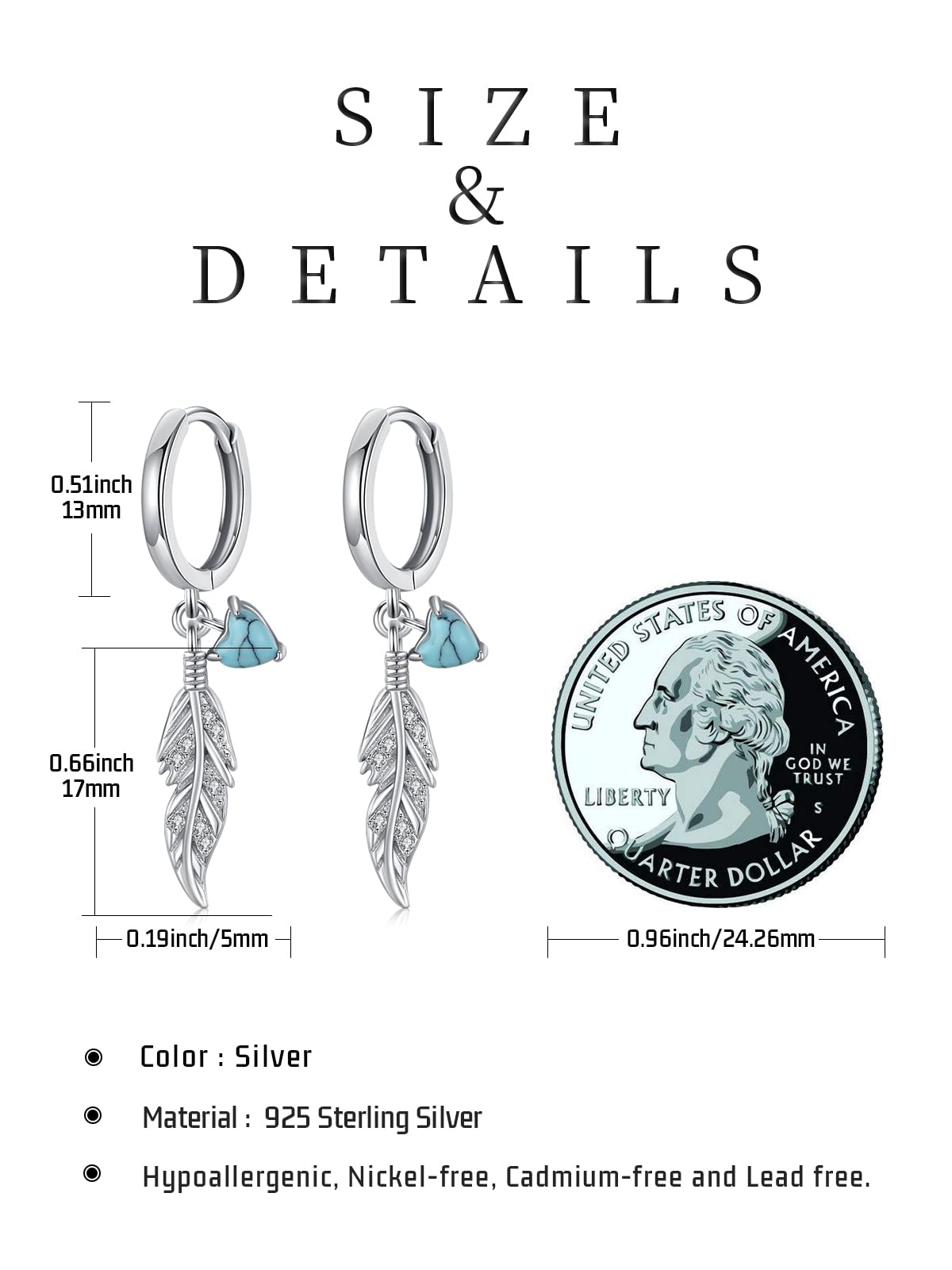 Turquoise Earrings 925 Sterling Silver Feather Dangle Earrings Native American Jewelry Western Vintage Gifts for Women