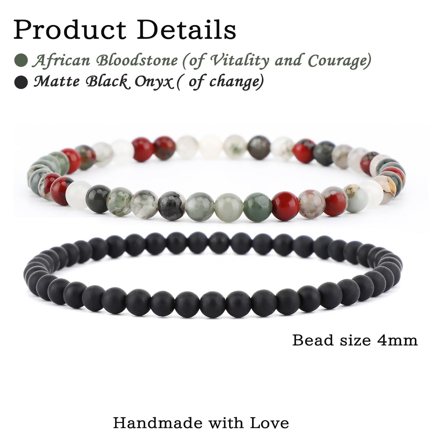 NCB 2-Piece 4mm Natural Crystal Gemstone Stretch Bracelets – ﻿African Bloodstone, Matte Black Agate Handmade Reiki Energy Healing Jewelry for Meditation,Yoga, Unisex