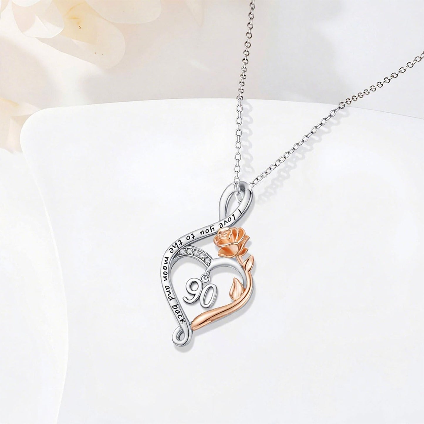 KoyeKei 90th Birthday Gifts for Women 90 Year Old Necklace 925 Sterling Silver Rose Flower Heart Infinity Pendant Jewelry Birthday Mothers Day Gift for Nana Granddaughter