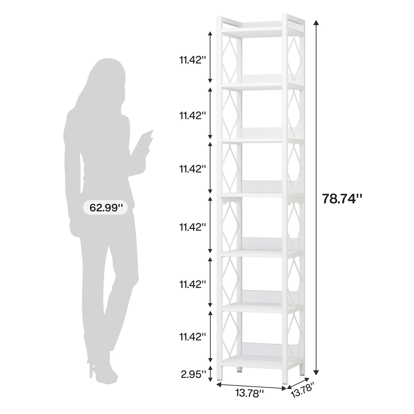 Tribesigns 78.7 Inch Extra Tall Narrow Bookshelf, 7 Tier Skinny Bookcase for Small Spaces, Freestanding Display Shelves, Multifunctional Corner Storage Organizer for Home Office, White
