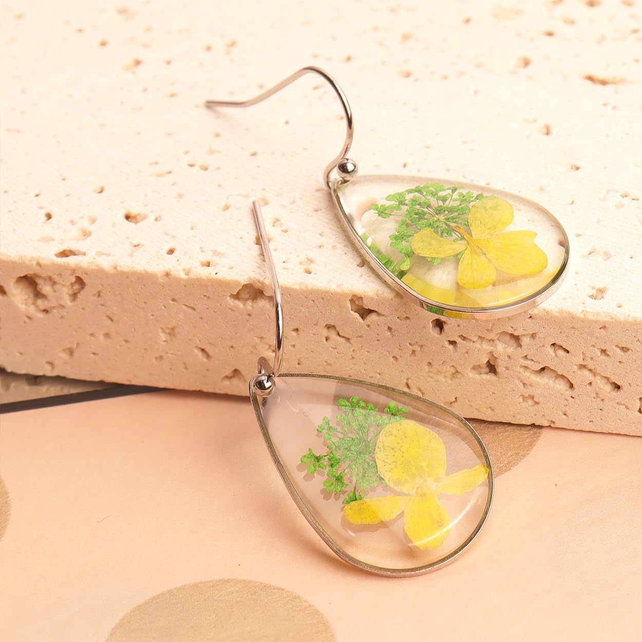 JeanBeau Handmade Pressed Flower Earrings for Women, Unique Resin Nature Dried Flowers Sterling Silver Teardrop Dangle Drop Statement Yellow Lime Green Floral Earings Fashion Summer Jewelry Gift