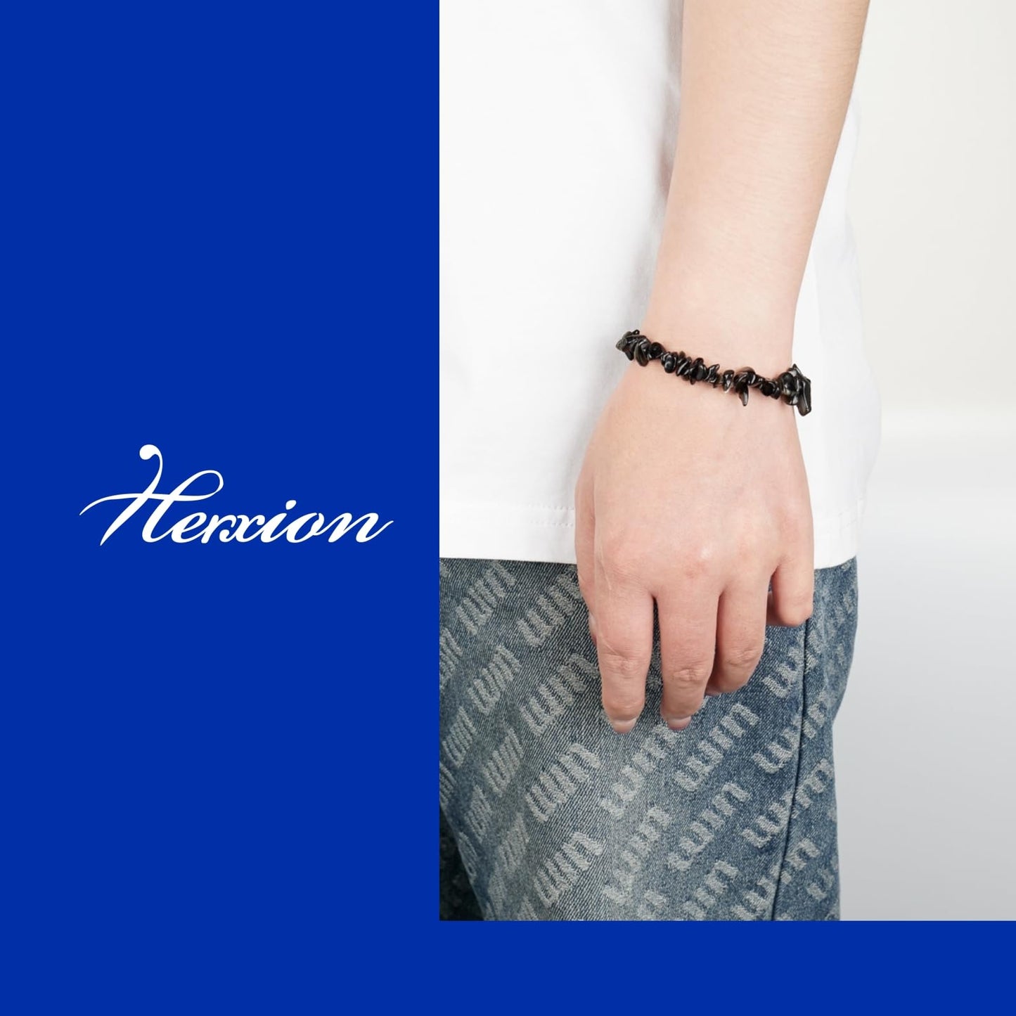 Herxion Gold Black Obsidian Bracelet Men & Women - Irregular Chips Black Natural Genuine Gemstone Raw Healing Crystal Elastic Bead Stretch Bracelet - ‌Protective Energy, Emotional Balance & Wealthy
