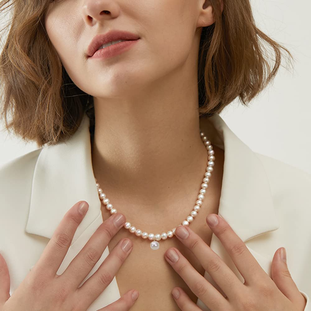 Round White Pearl Necklace for Women Men Dainty Choker Necklace with Charms Brides Jewelry 18 Inches