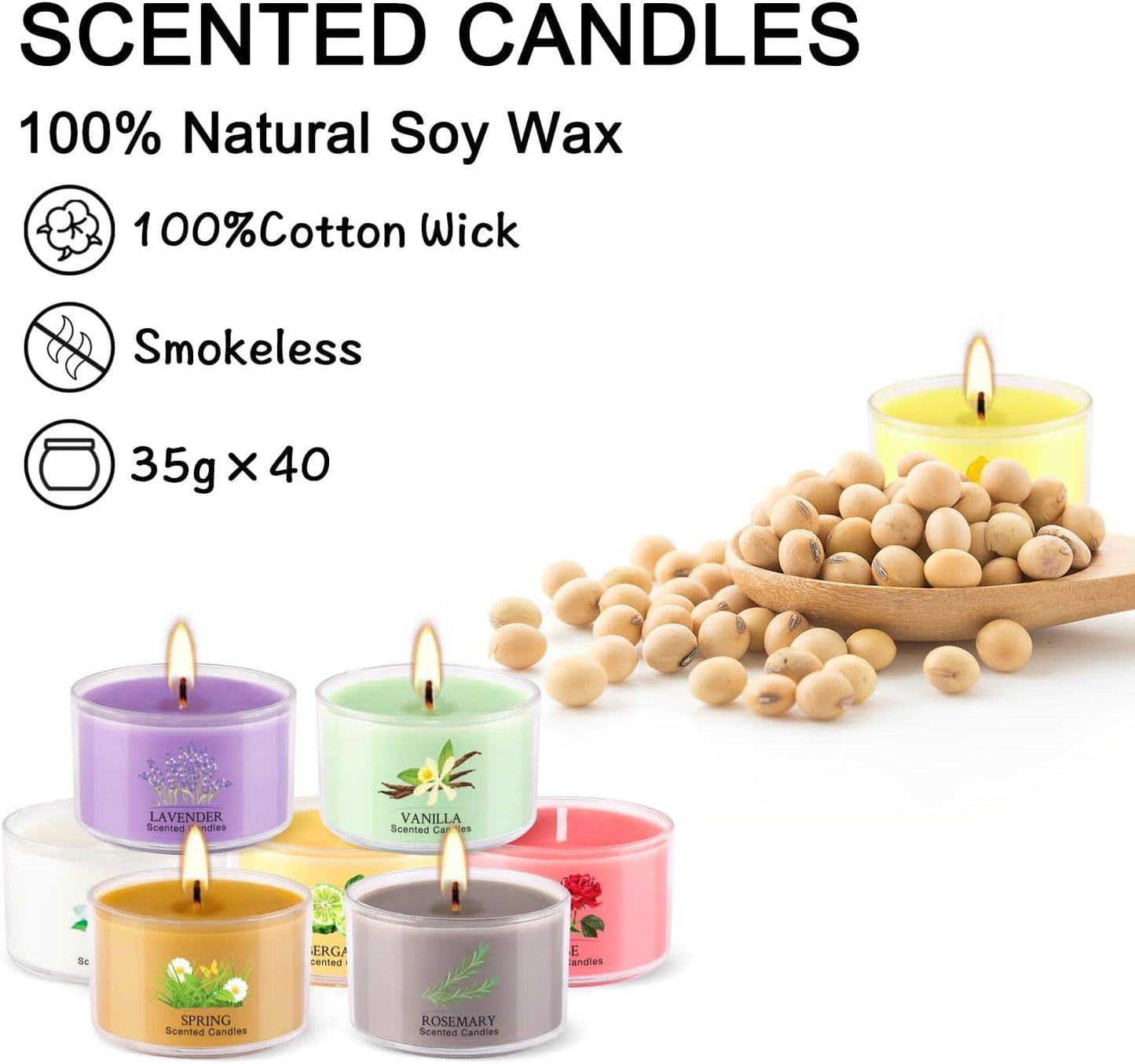 AYIQIW 40 Pack Scented Candle Set, 10 Fragrances, 35g Natural Soy Wax Candles with Smokeless Cotton Wicks, Ideal for Home Decor, Yoga, Meditation, Spa & Gifting.Mother's Day