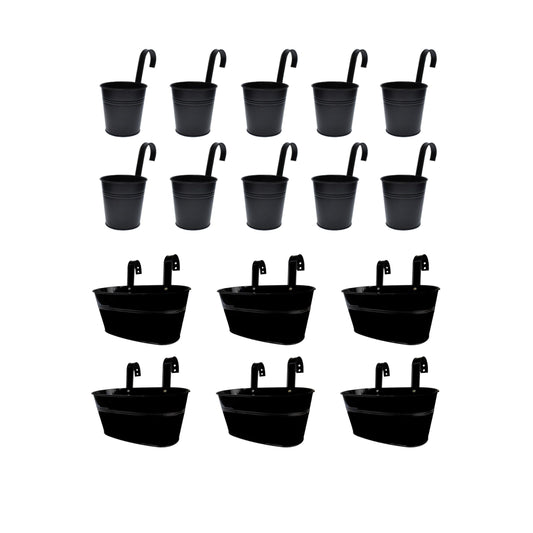 LaLaGreen Bundle - 6 Pack, 11.2 Inch Rounded Hanging Pot + 10 Pack, 6 Inch Black Metal Flower Pot, Large Outdoor Fence Deck Porch Railing Bucket, Modern Style Window Hanger Hook Balcony Plant Decor