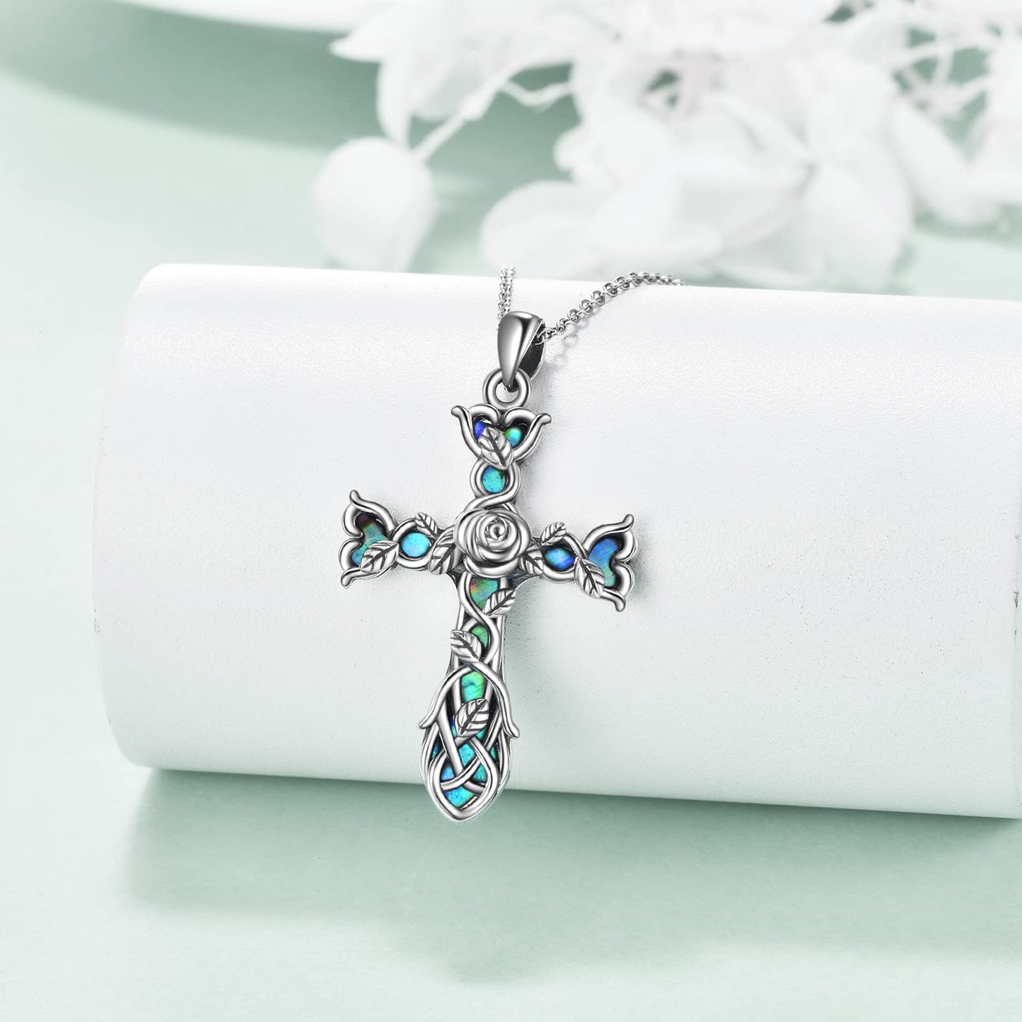 ONEFINITY Cross Necklace 925 Sterling Silver Celtic Knot Rose Flower Cross Necklace Pendant Gifts for Women Cross Jewellery Gifts