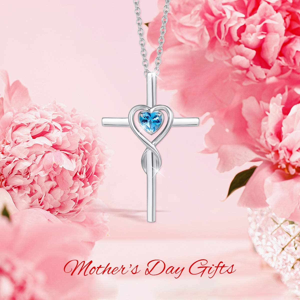 FANCIME Blue Topaz Cross Necklace For Women Sterling Silver Birthstone Necklace Blue Topaz Infinity Heart Cross Pendant December Birthstone Jewelry Gifts Valentines Day Gifts for Women