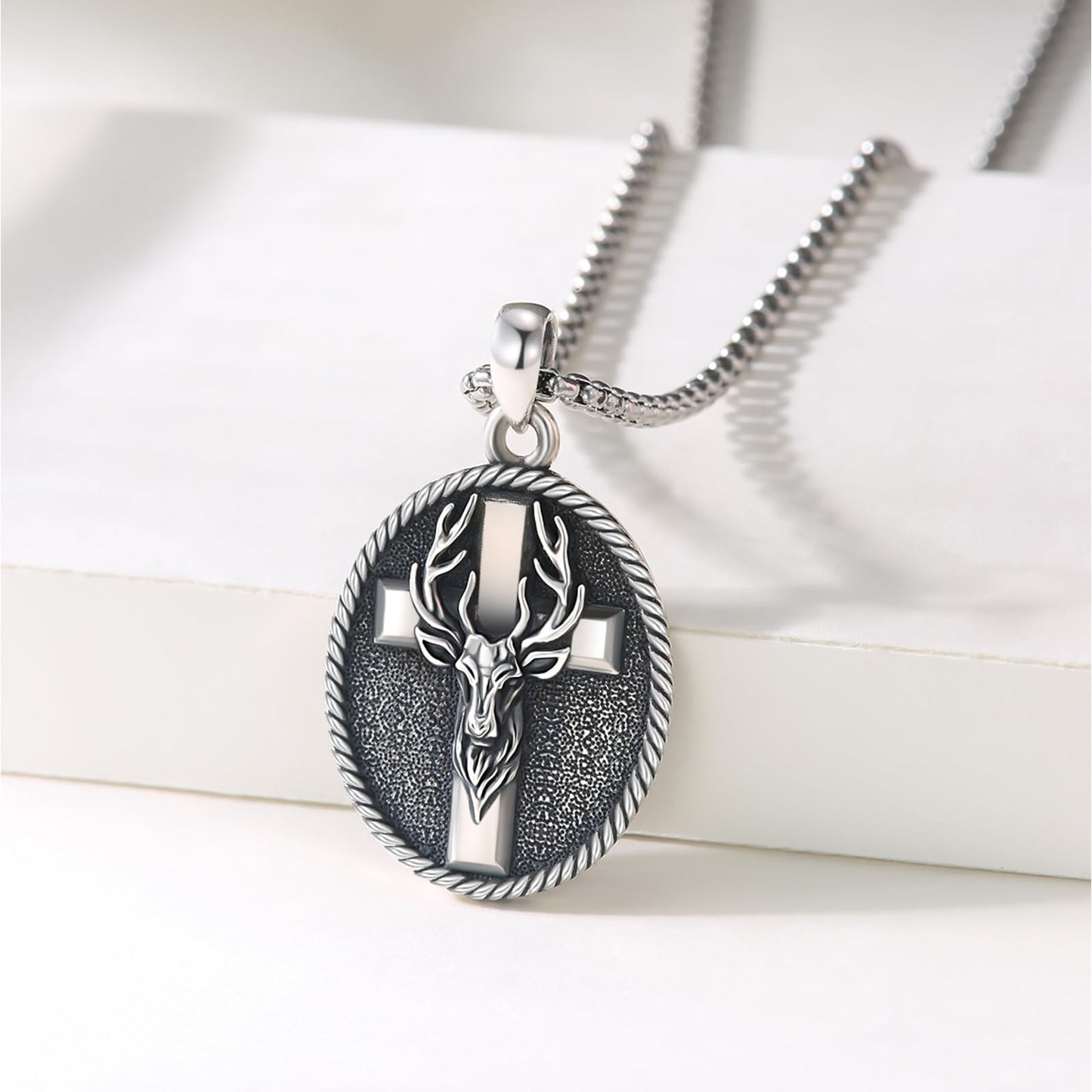 YEESIA Cross Necklace for Men 925 Sterling Silver Elk Antler Necklace Deer Cross Pendant Christian Protect Jewelry Birthday Gifts for Husband