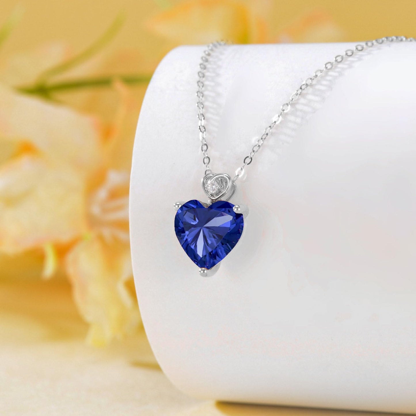 NFYBD 14k White Gold Love Heart Blue Sapphire Birthstone Pendant Necklace for Women 3 Carat Heart-cut Created Gemstone Anniversary Birthday Mother's Day Necklaces for Her-sept