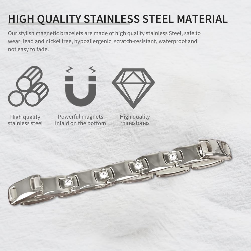 Women's Ultra Strength Magnetic Bracelet, Stainless Steel Magnetic Bracelets for Women, Adjustable Length with Sizing Tool Fashion Accessories, Therapy Jewelry with Gift Box (Silver)